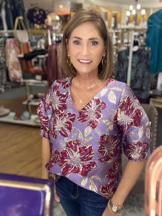 Brocade Puff Sleeve Vneck Top
