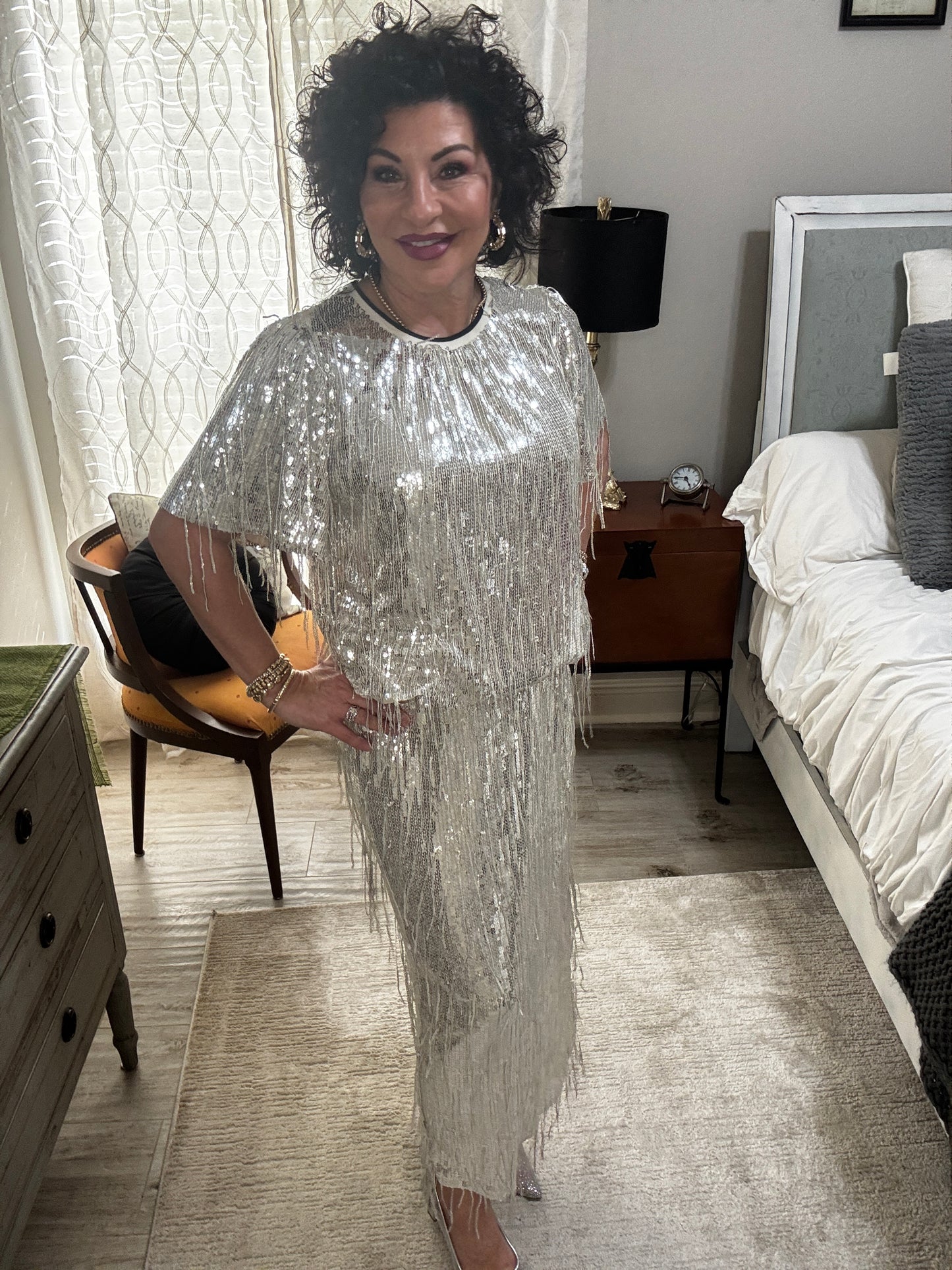 Sequin Dangling Long Skirt w/elastic