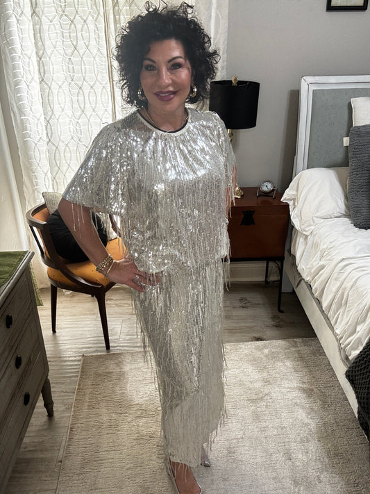 Sequin Dangling Long Skirt w/elastic