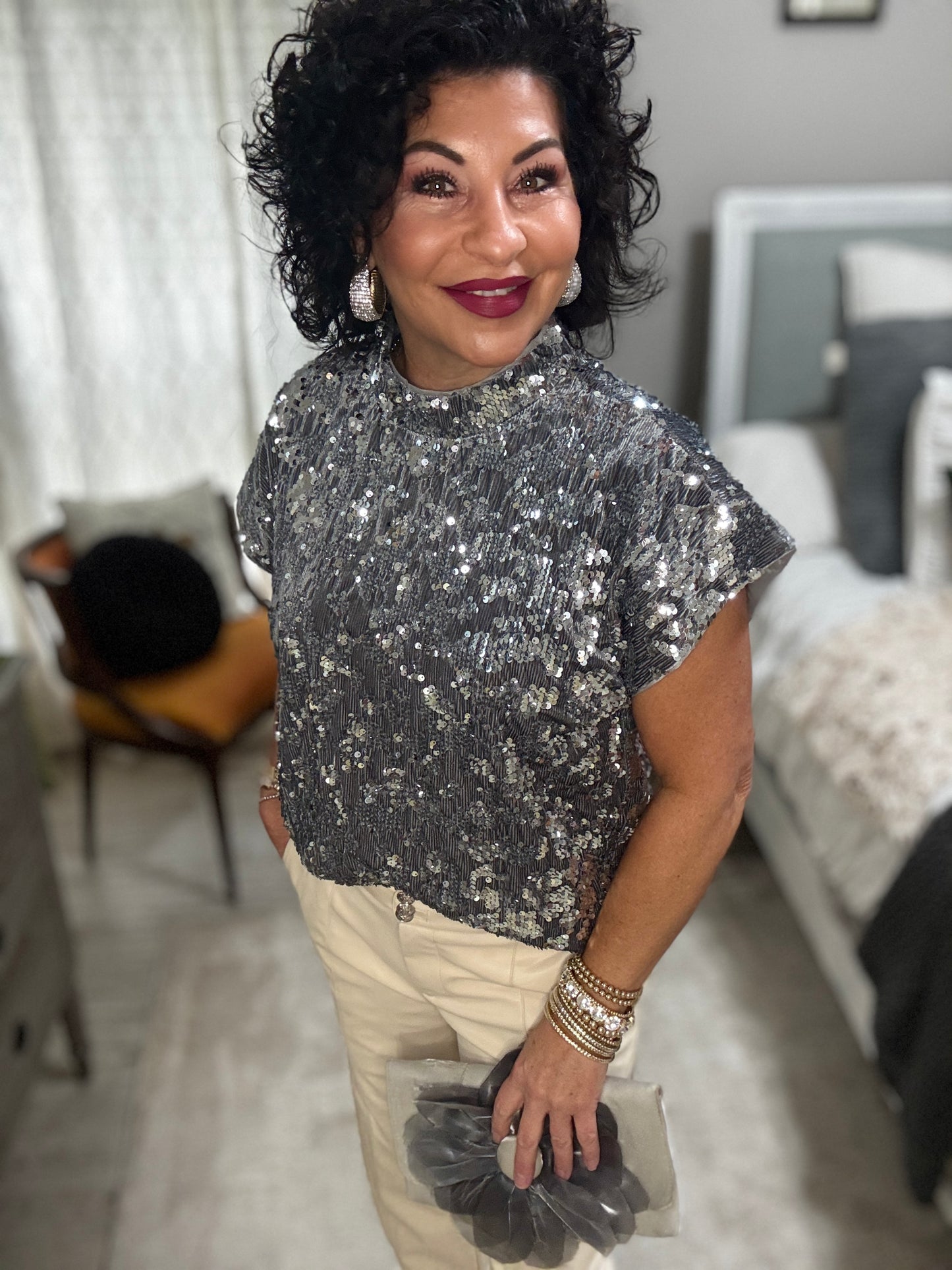 Short Sleeve Sequined Mock Neck Top