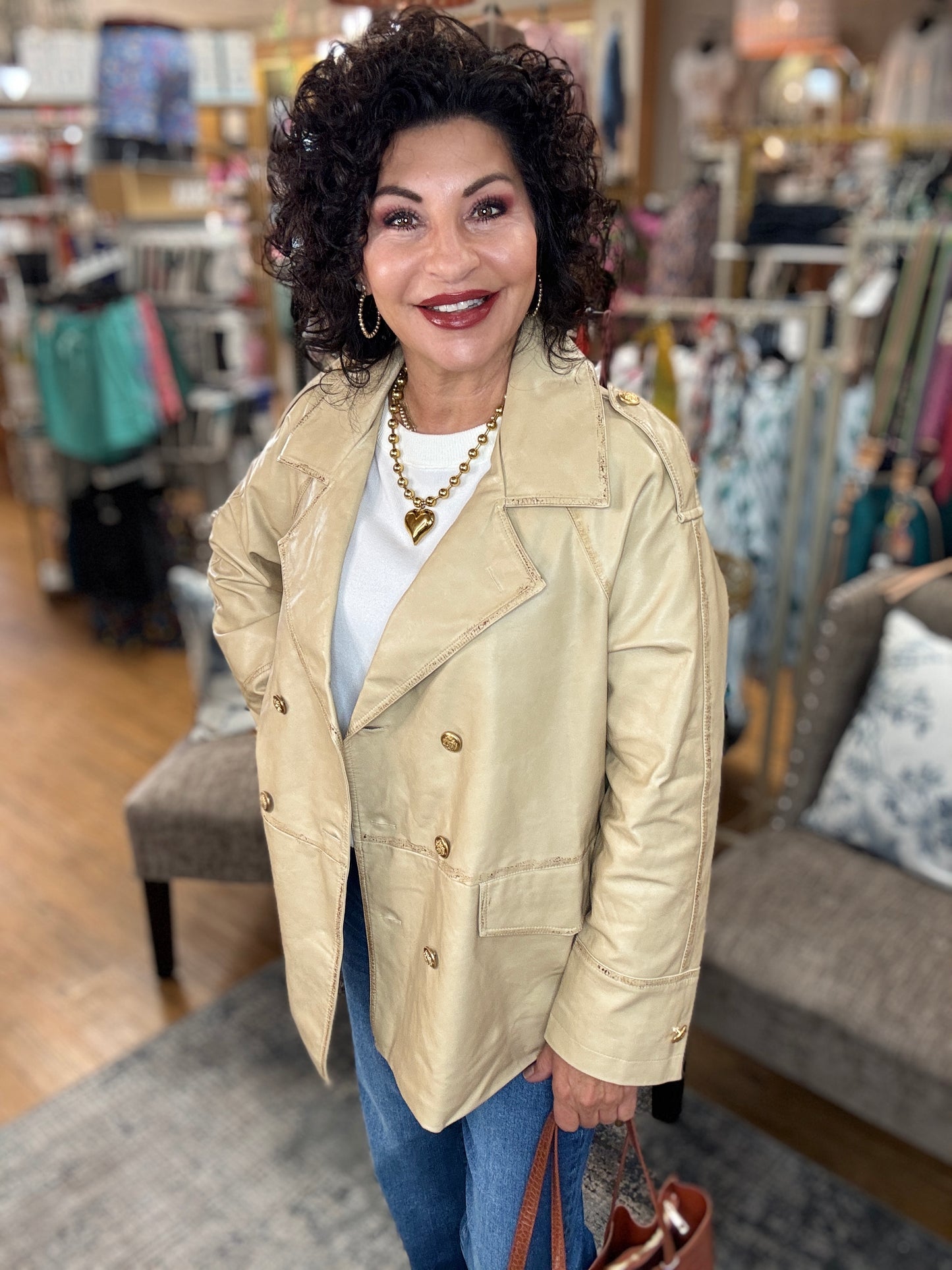 Double Breasted Trech Coat Faux washed Leather