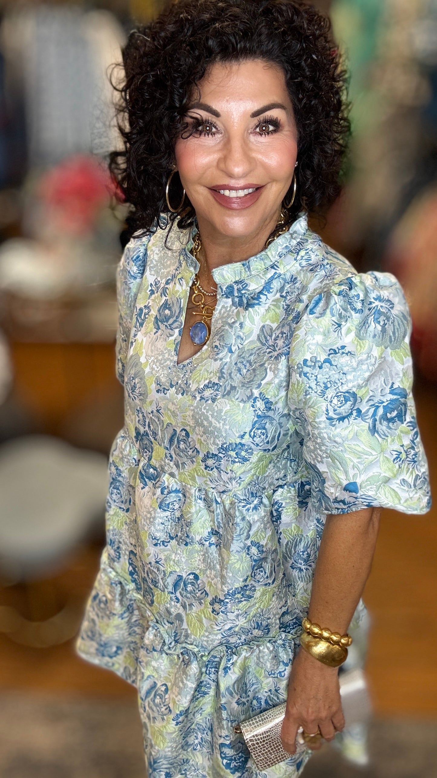 Tiered Floral Jacquard Dress