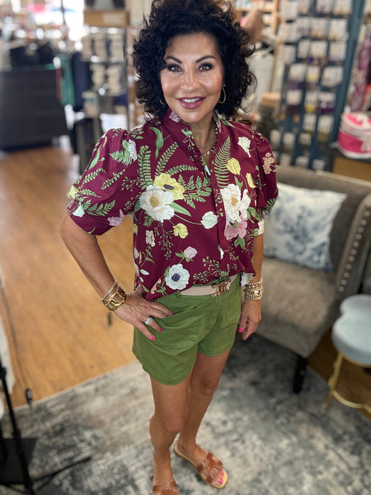 Floral Print Ruffled Neck