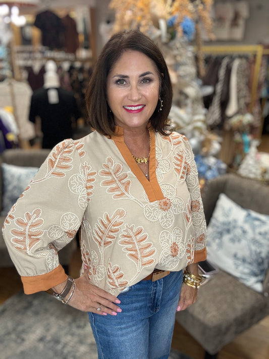 Floral Embosed 3/4 Sleeve Top w/Ruffle Trim