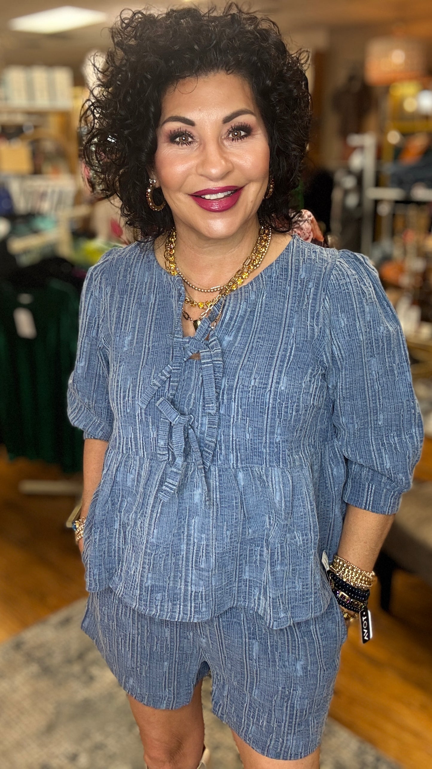 Denim Textured Top w/ Ribbon Detail