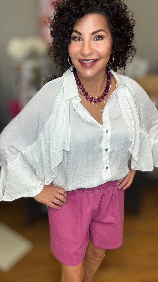 Ruffled High-Neck Button Down Shirt
