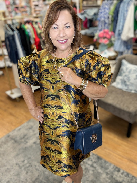 Short puff sleeves jacquard print dress