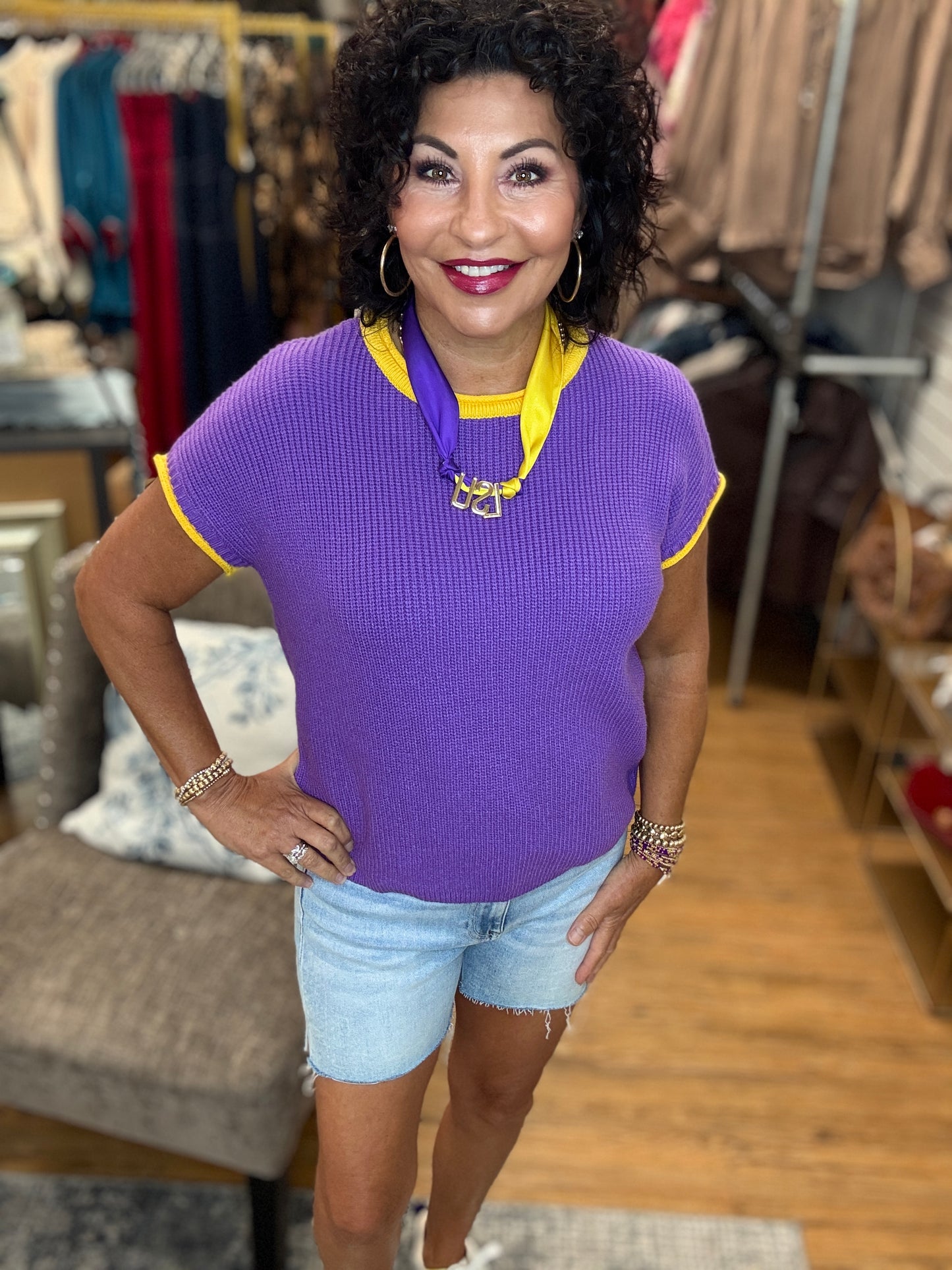 Rolled Sleeve Contrst Trim Knit Game Day Top