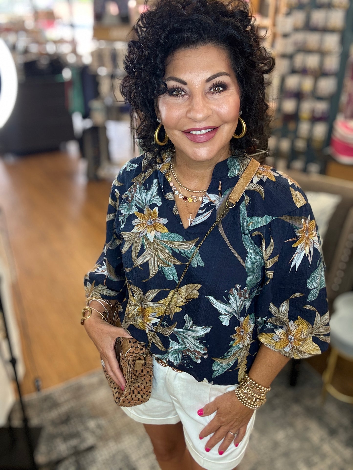 Flower Print V-Neck Top w/ Smocked Collare