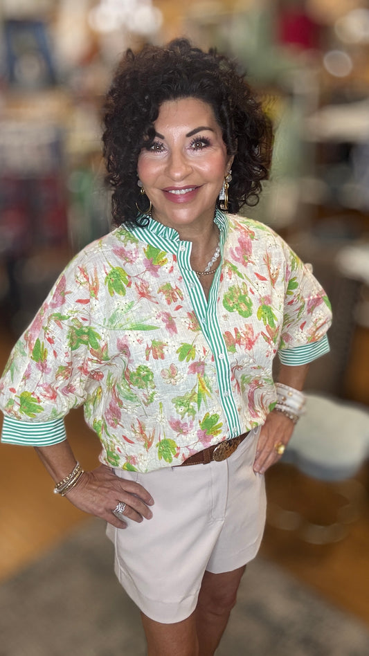 Stripe Contrast Button Down Floral Embroidered Top