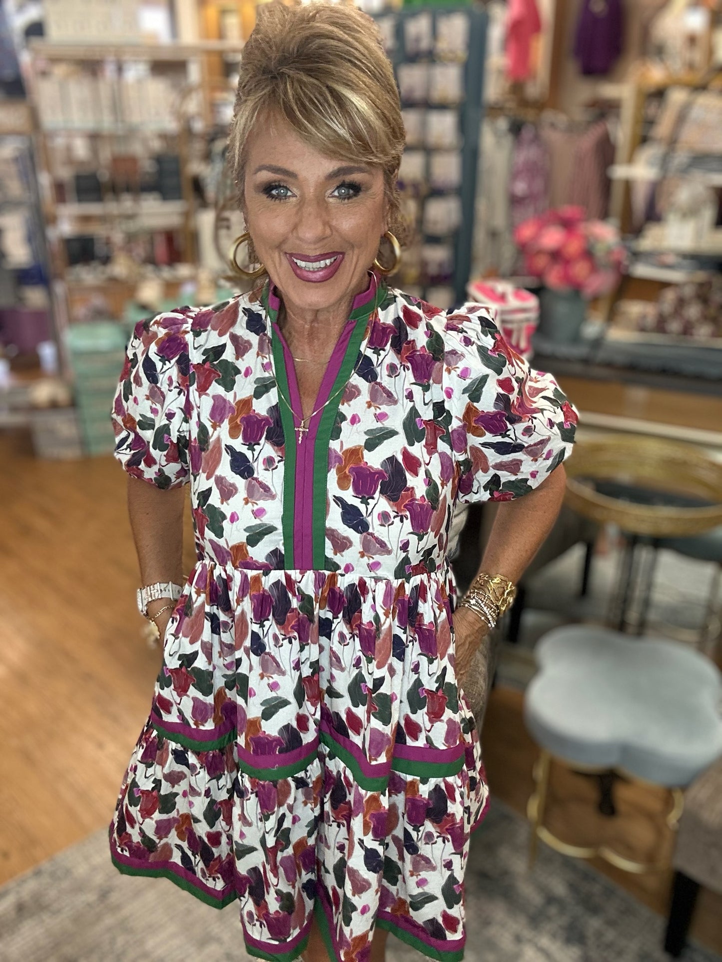 Multicolor floral print short bubble sleeve pullover tiered mini dress