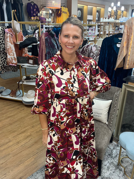 3/4 sleeve collared tiered maxi dress