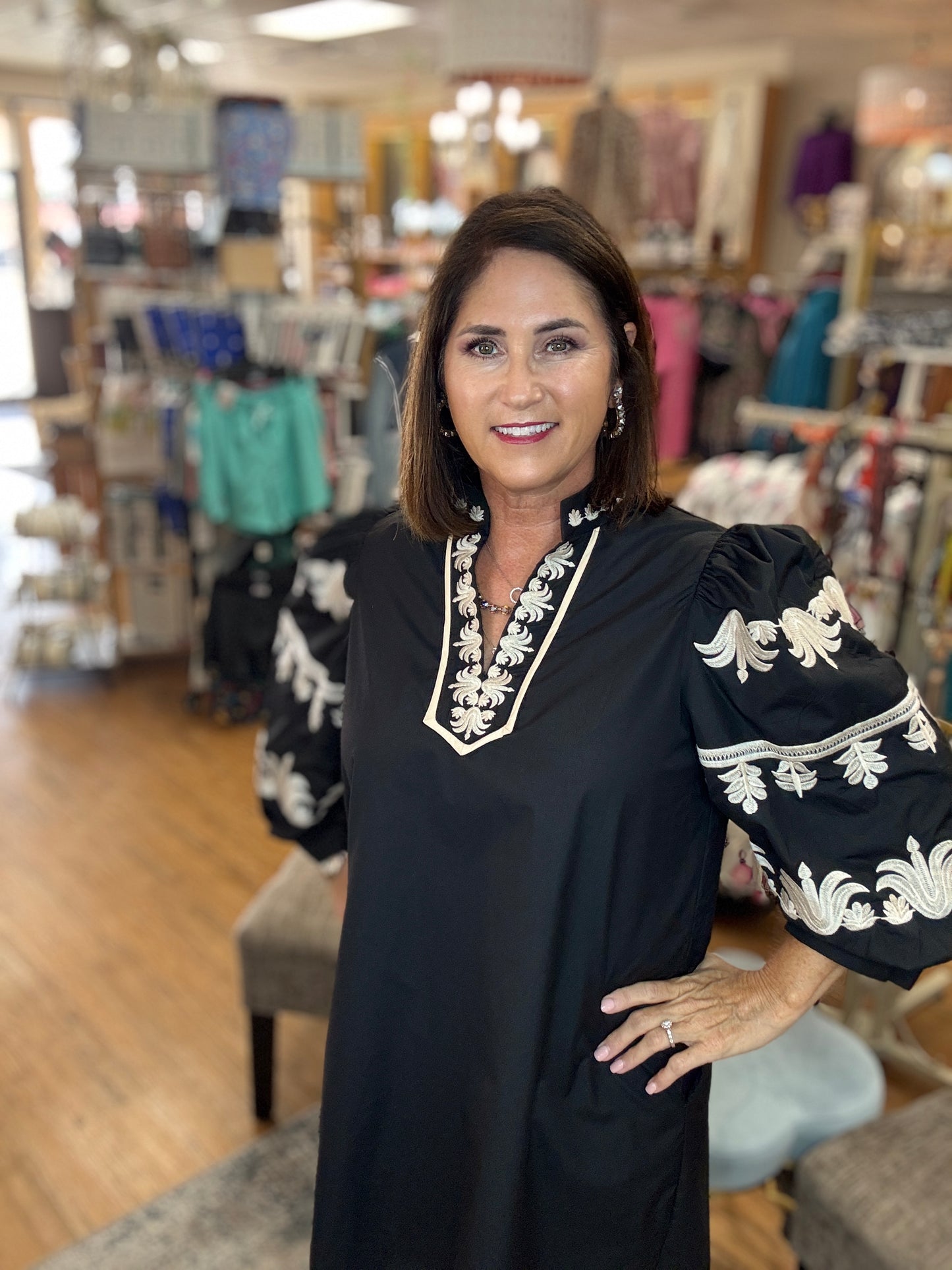 Solid 3/4 puff sleeve mini dress w/ Embroidered Sleeve