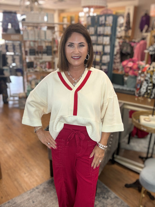 Linen Wide Leg Pants w/Contrast Stitching