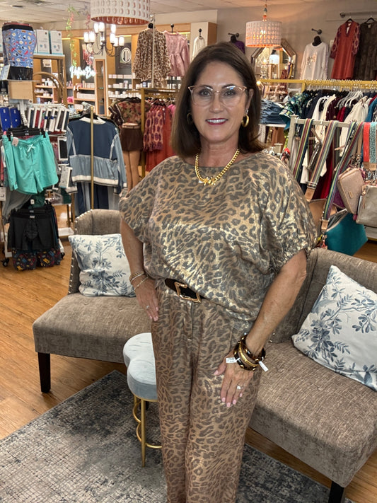 Metallic Leopard Printed Pants Zip & Elastic