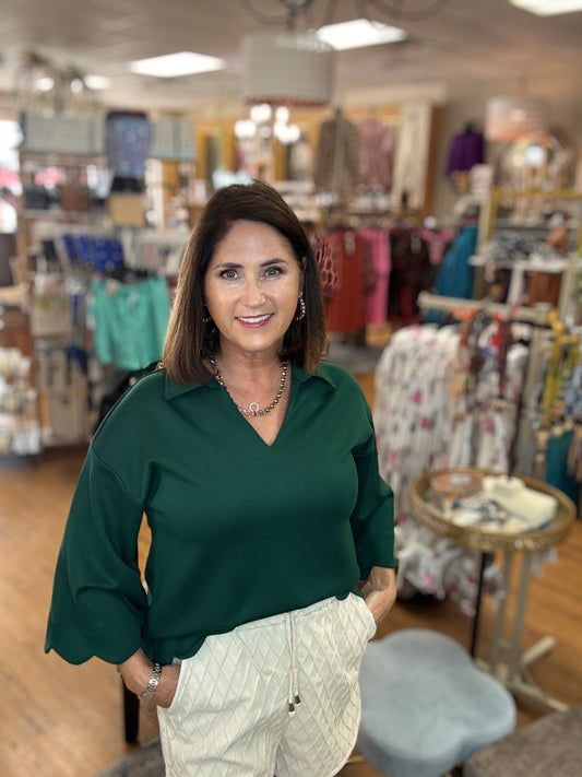 3/4 sleeves v neck top with scallop edge