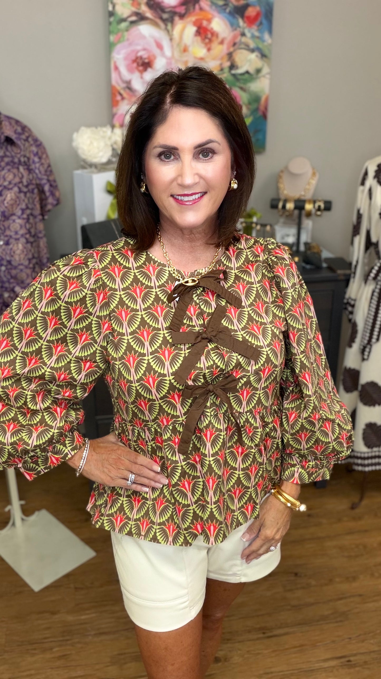 3/4 puff sleeves boho floral peplum top