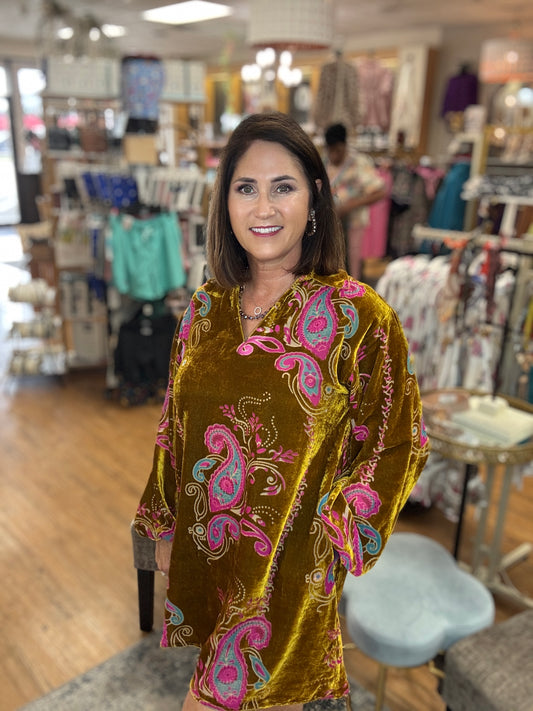 Long puff sleeves paisley print velvet dress