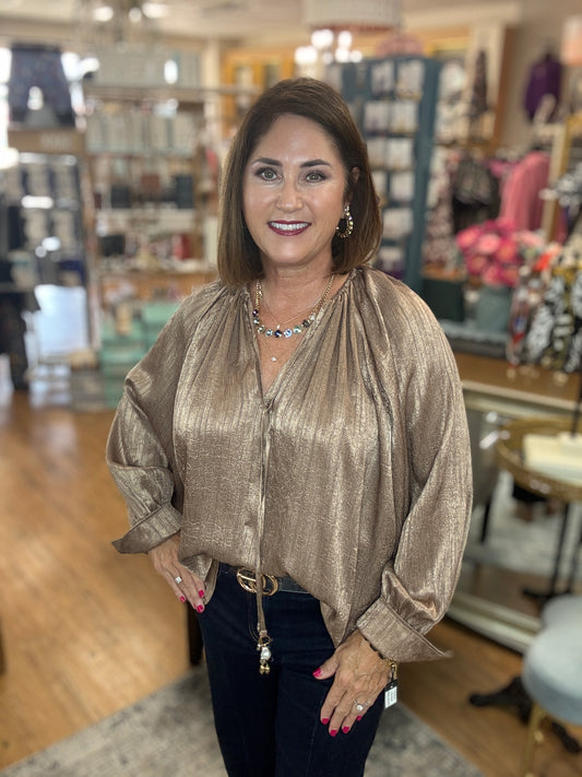 V-Neck Long Sleeve Top W/Tie Detail