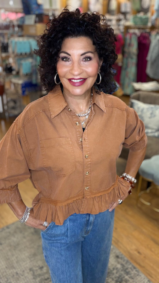 Button Down Ruffle Trim Top