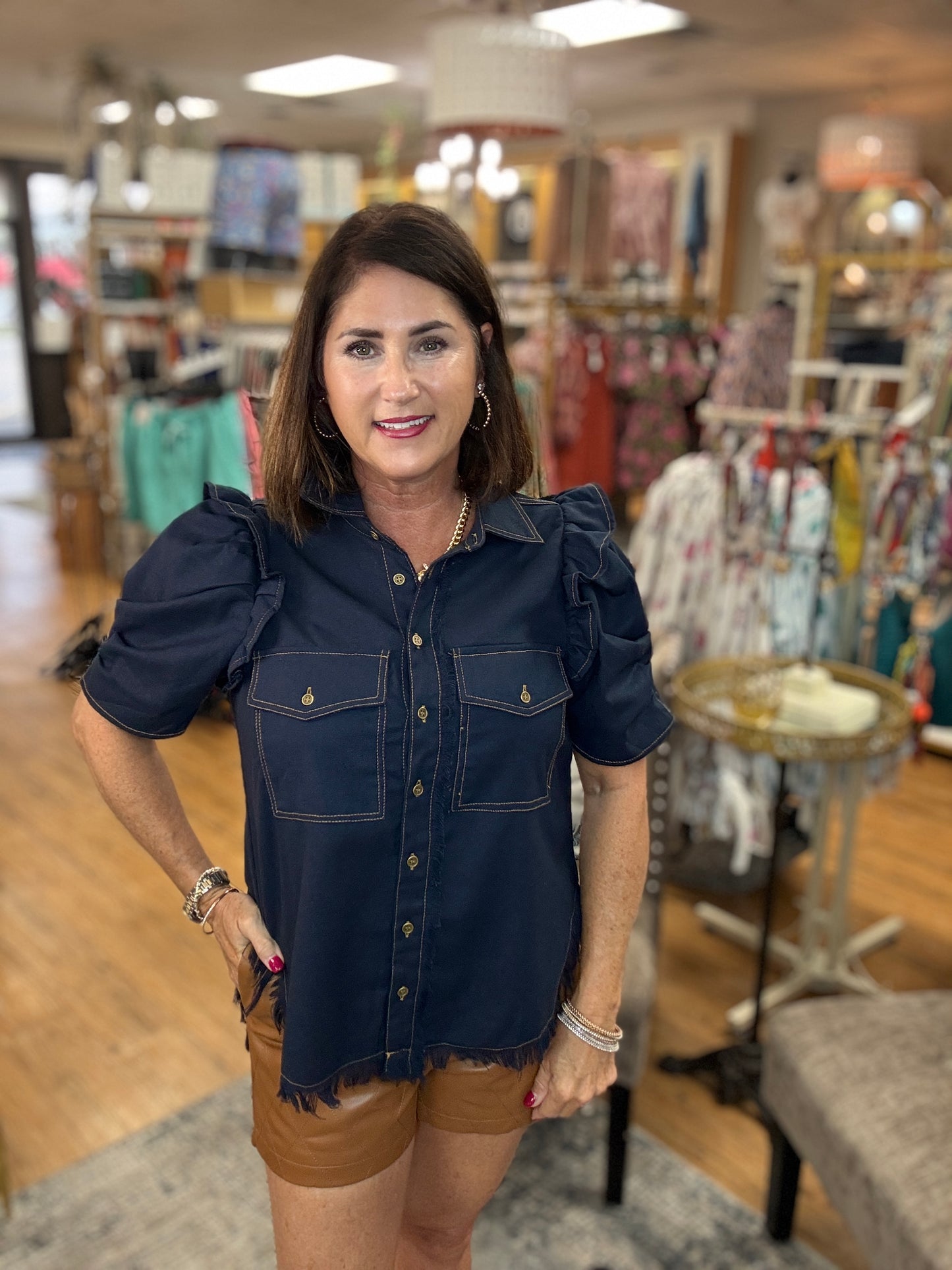 Linen Like Button Up Top w/ Ruffle detail Sleeves