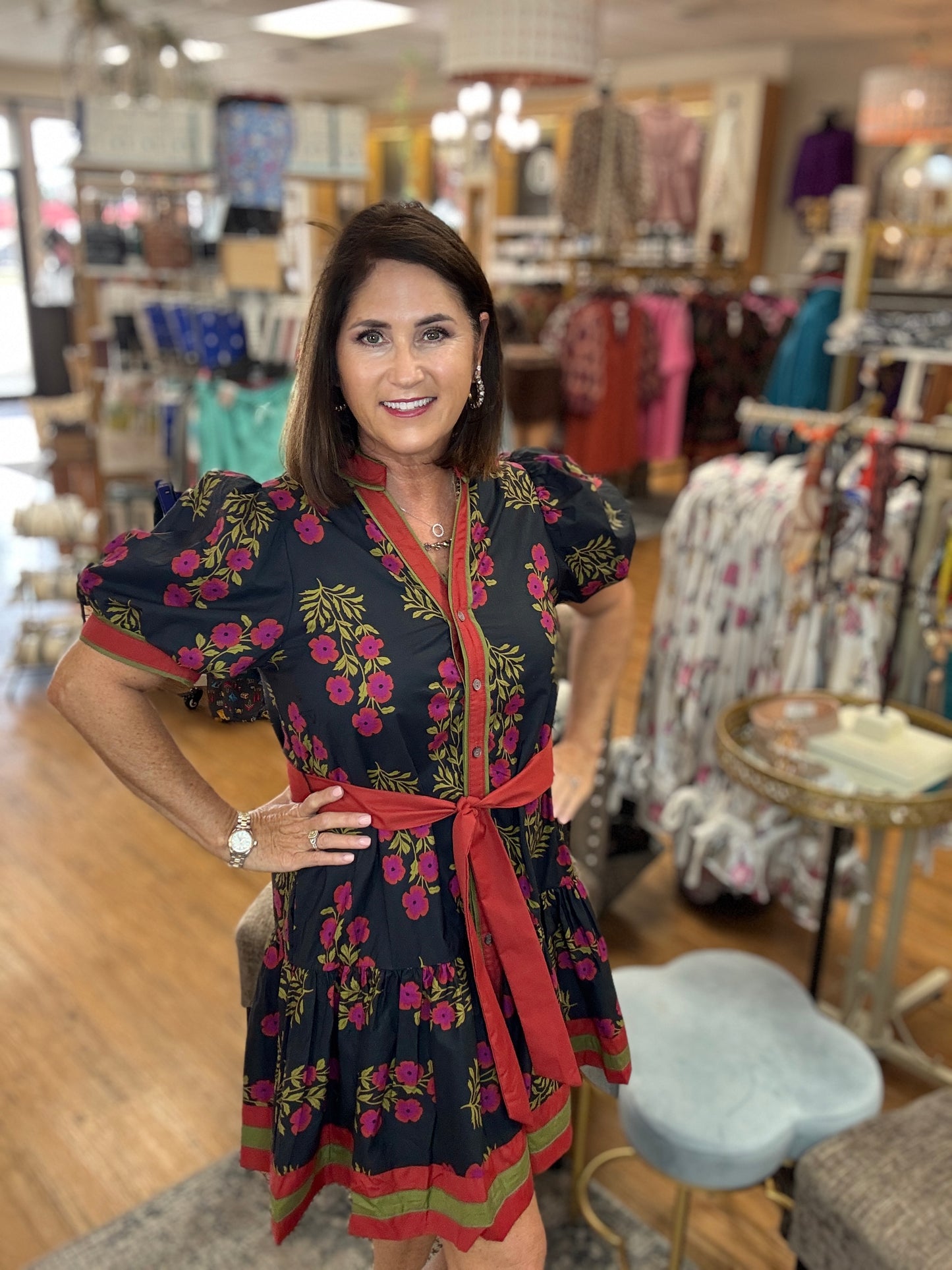 Floral pattern short puff sleeve ruffle hem mini dress featuring multicolor accent band detail