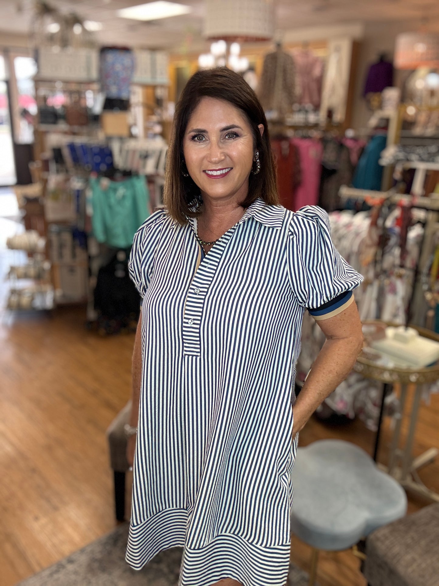 Stripe pattern short puff sleeve swing shirt dress