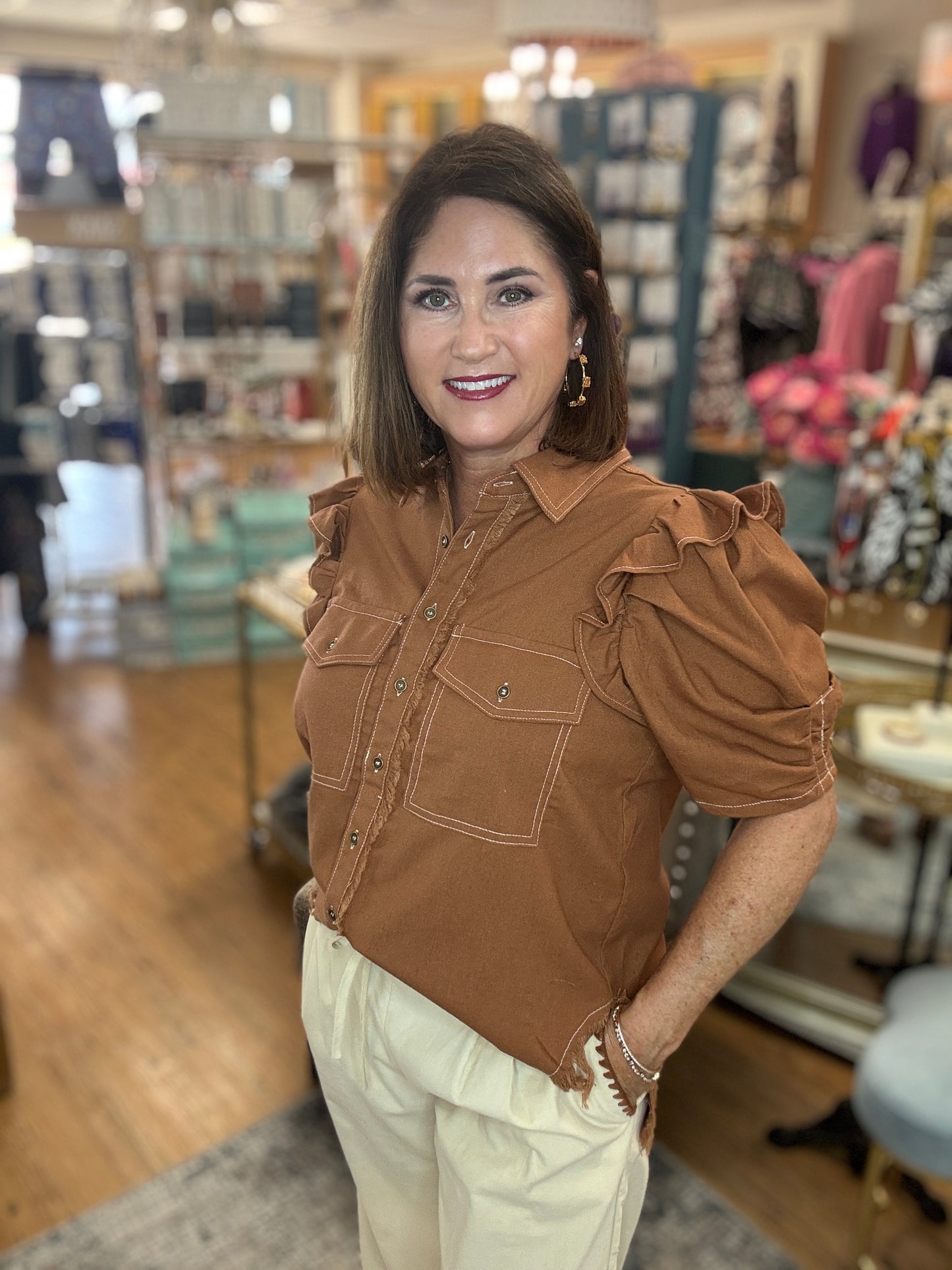 Linen Like Button Up Top w/ Ruffle detail Sleeves