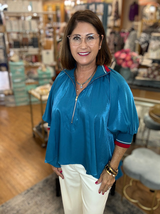 Mock Neck Band Puff Sleeve Blouse