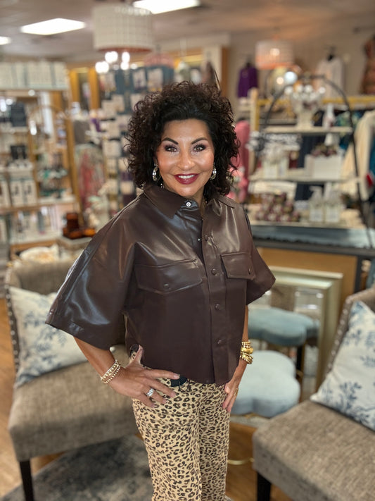 Collard pocket Button Faux Leather Top