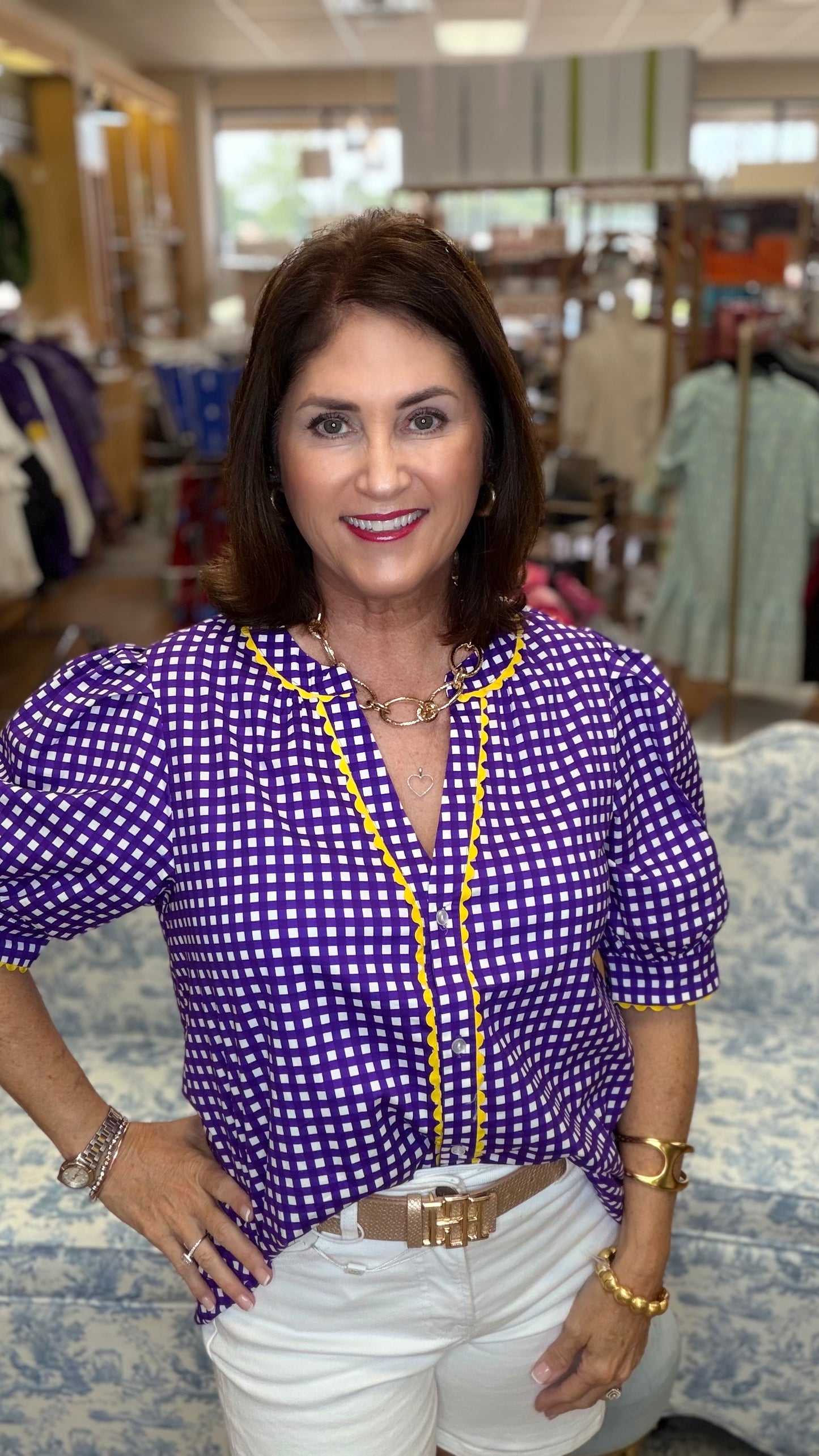 Elaine Gingham Purple Top