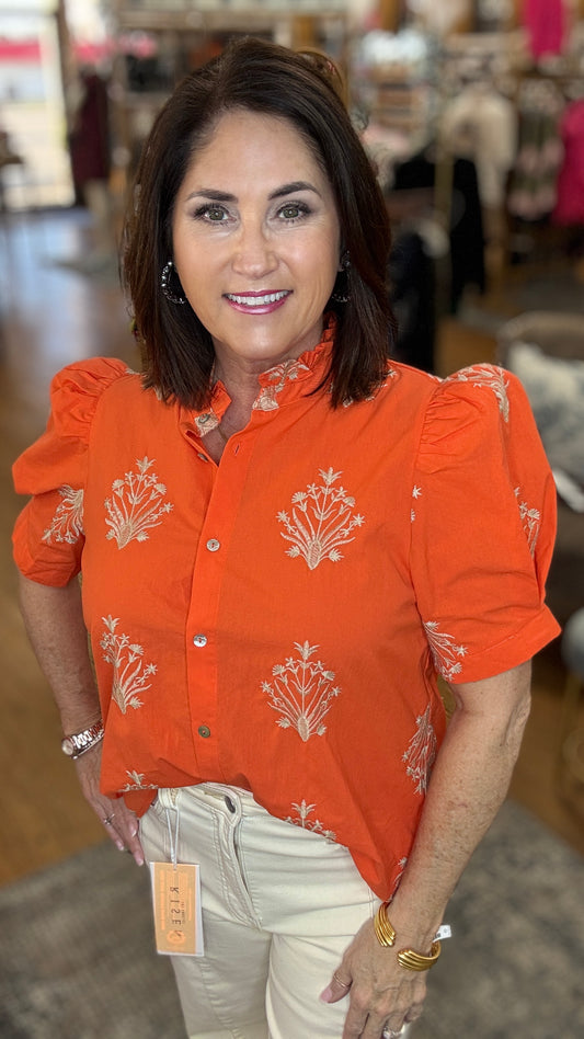 Embroidered 3/4 puff sleeve Shirt