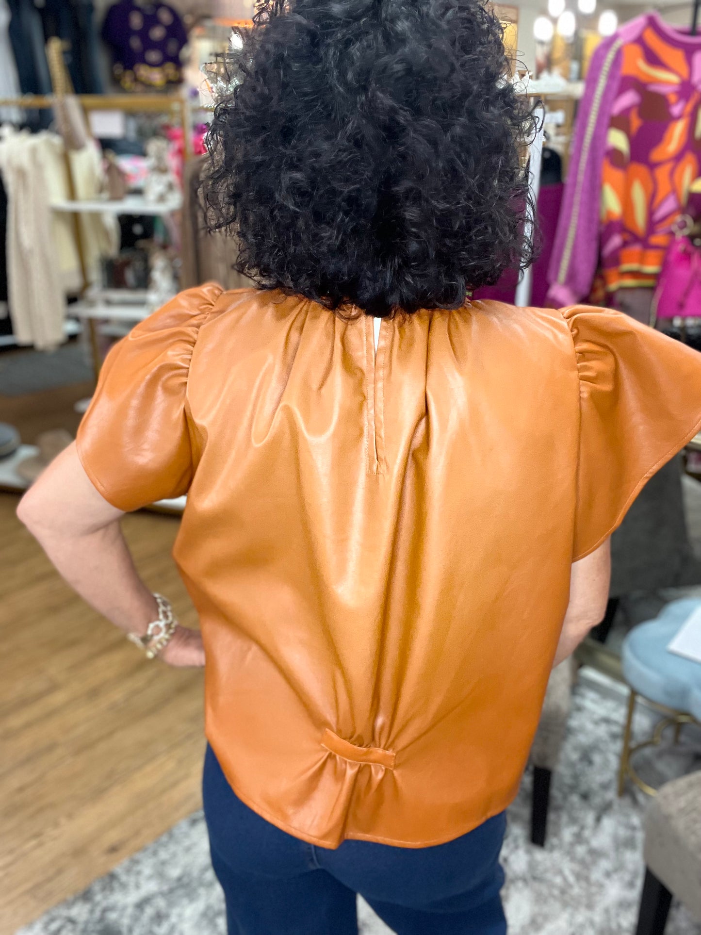 Flutter Sleeve Leather Top w/Back Gather