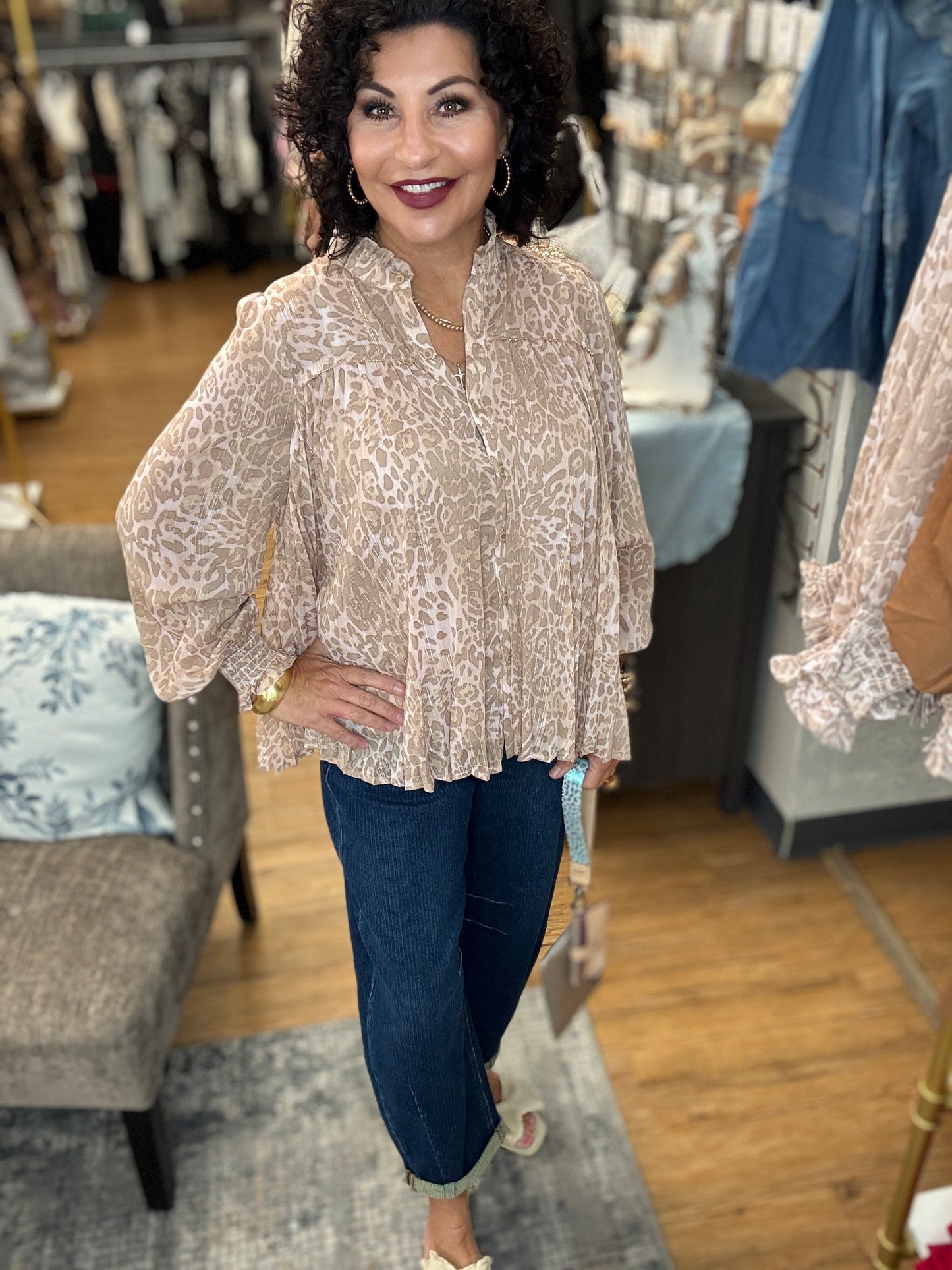 Animal Print Chiffon Top w/Lurex Pleat