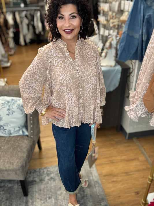 Animal Print Chiffon Top w/Lurex Pleat