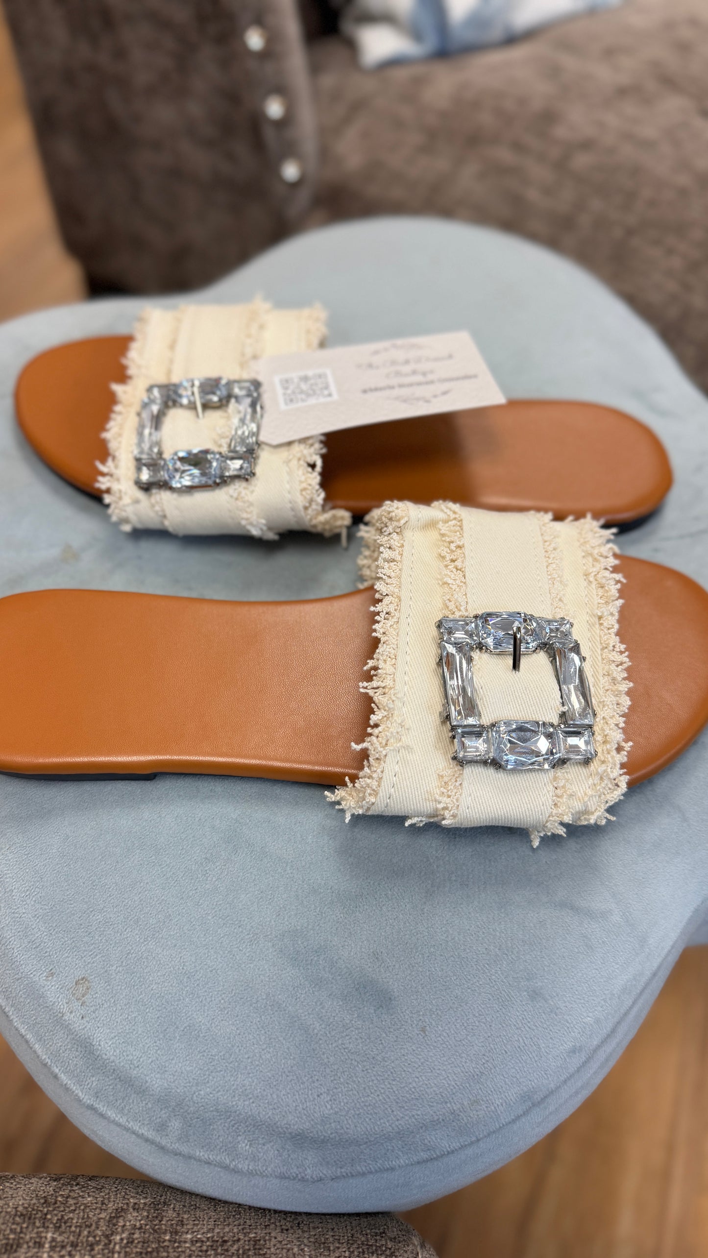Frayed Crystal Buckle Slide Sandals