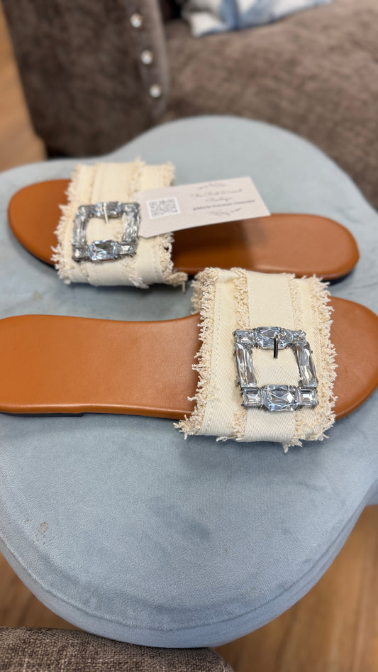 Frayed Crystal Buckle Slide Sandals