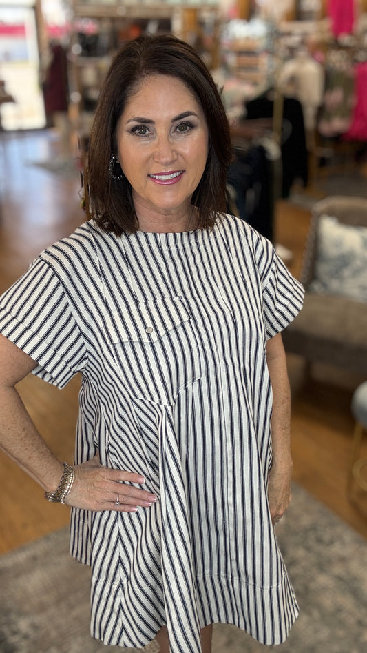 STRIPE PATTERN ROUND NECK A-LINE DENIM DRESS