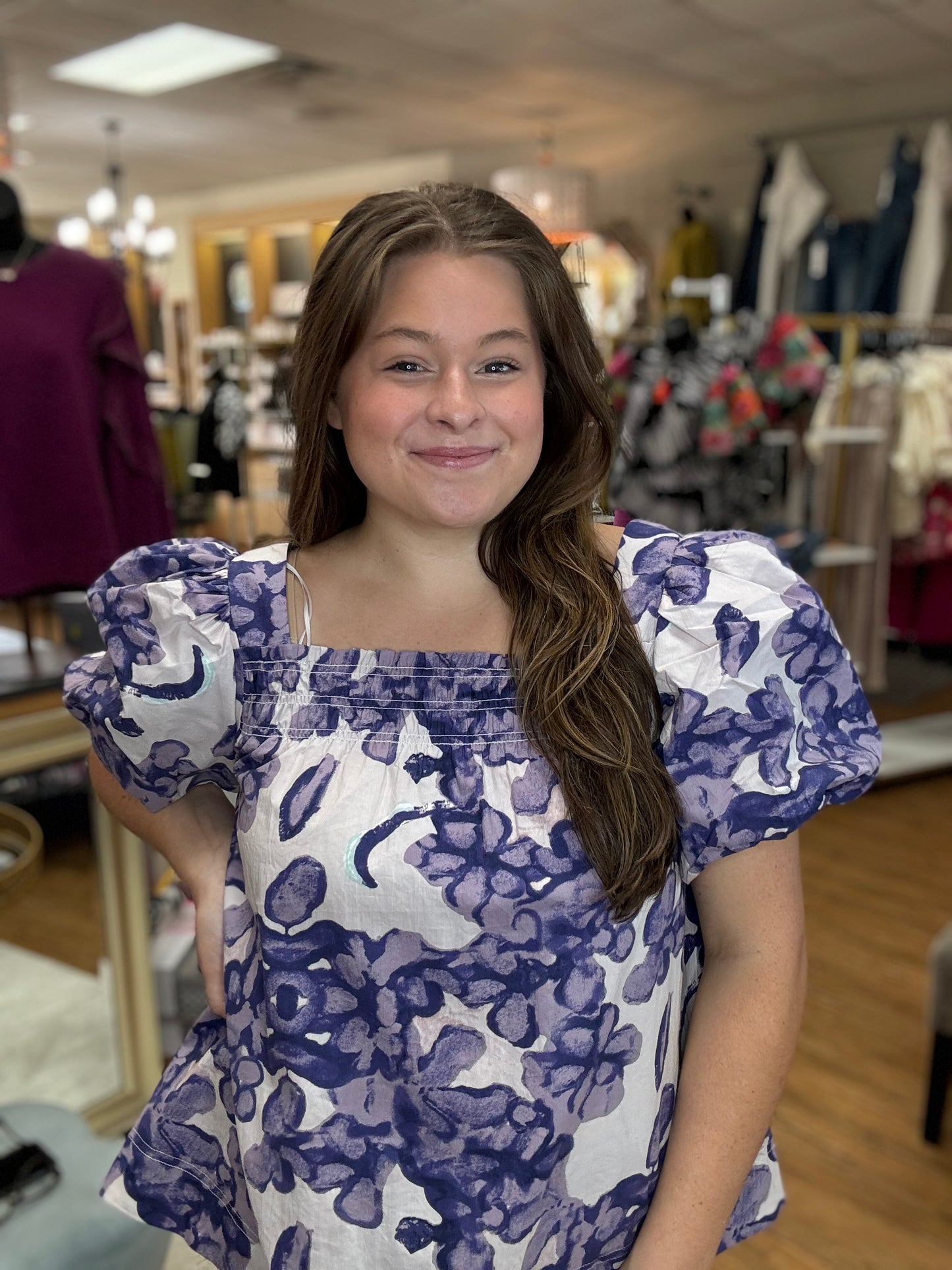 Bold Print Smocked Top W/ Puff Sleeves