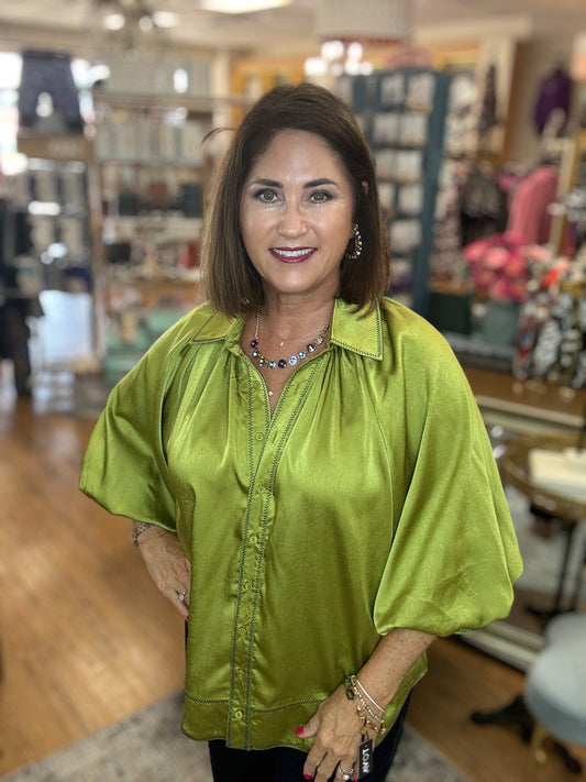 Satin Balloon Sleeve Button Down Top