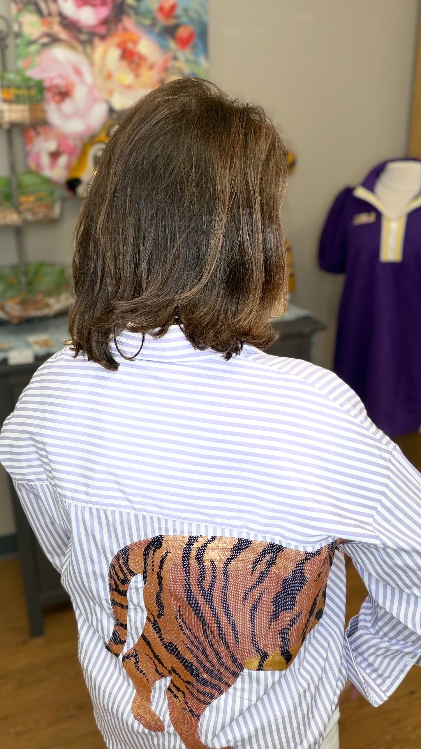 Women’s Purple Striped Sequined Tiger Button Down Shirt