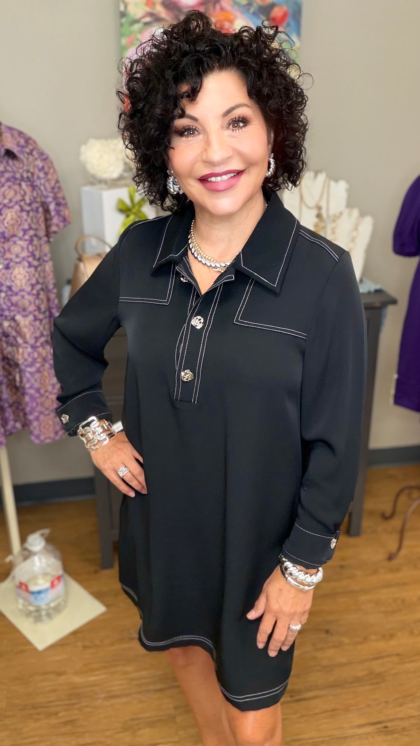 Contrast Stitch Collared Shirt Dress