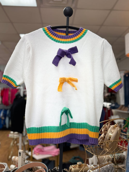 MARDI GRAS BOW EMBELLISHED SHORT SLEEVE SWEATER