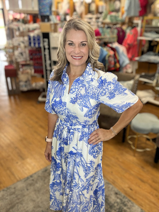 Collard Half Zip Floral Belted Dress