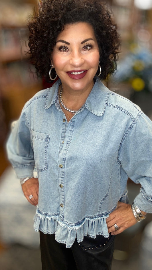 3/4 sleeves washed denim button down top