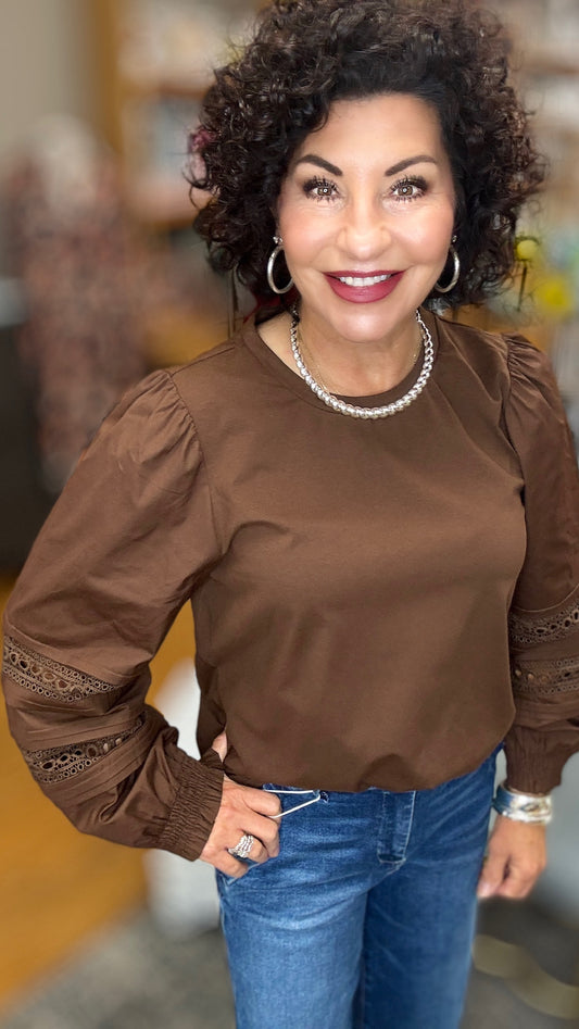 Long puff sleeve solid Top w/lace detail