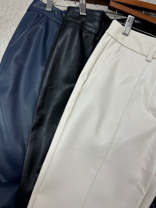 Faux Leather Seamed Flare Crop Pants w/Button Closure