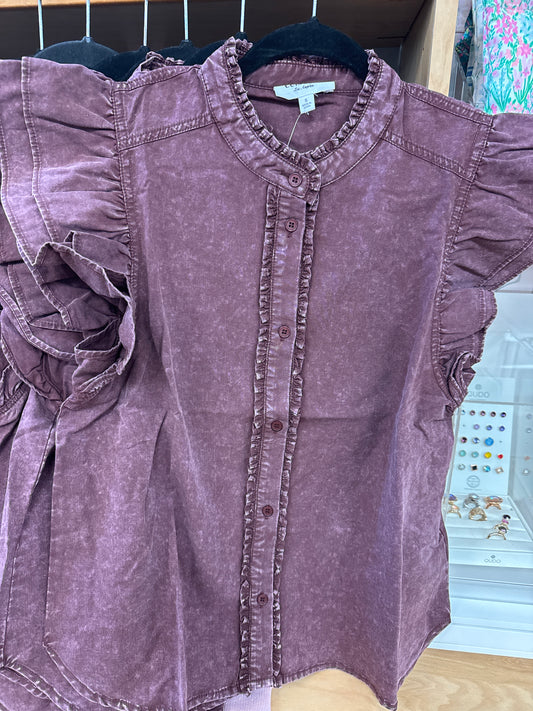 Washed Chambray ruffle trim flutter sleeve