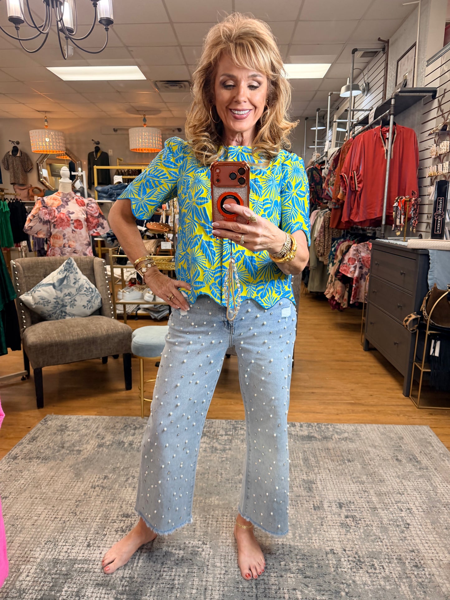 Wavy Embroidered Hem Jaquard Top