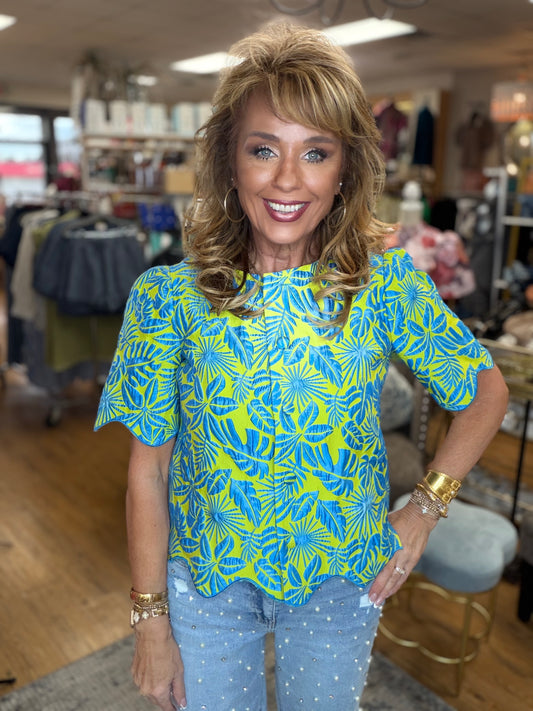 Wavy Embroidered Hem Jaquard Top